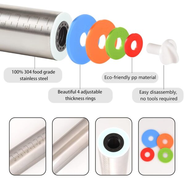 Adjustable Rolling Pin With 4 Thickness Rings, Stainless Steel Dough Roller Pizza Roller
