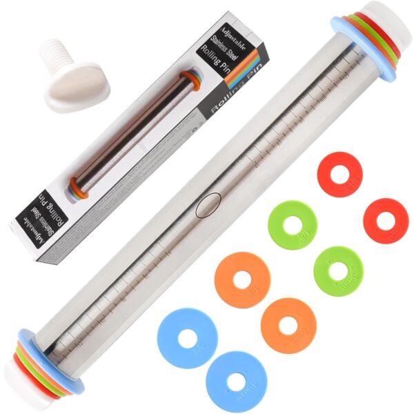 Adjustable Rolling Pin With 4 Thickness Rings, Stainless Steel Dough Roller Pizza Roller