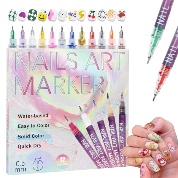 12 Colours Nail Art Pens Set | Quick Dry Waterproof Nail Polish Pens for DIY Nail Painting