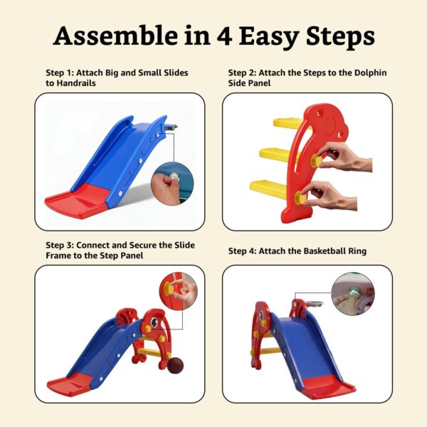 Dolphin Slide for Toddlers with Basketball Hoop (Colour: Red & Blue)