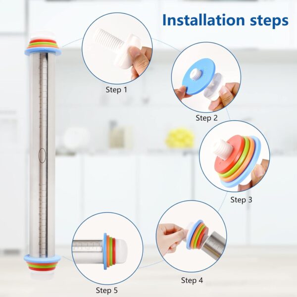 Adjustable Rolling Pin With 4 Thickness Rings, Stainless Steel Dough Roller Pizza Roller