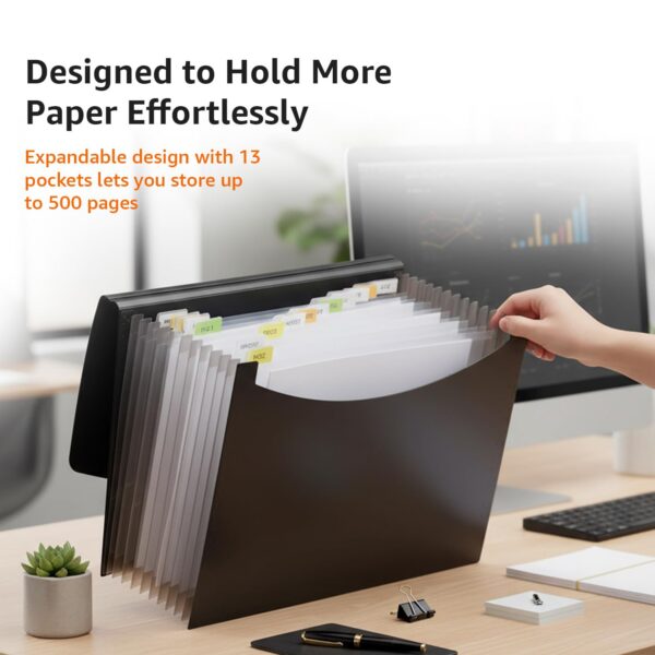 Expanding File Folder with 13 Pockets, Letter Size, Also Fits A4 Size Documents (Black)