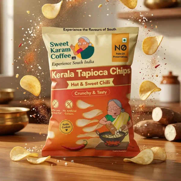 Sweet-Karam-Coffee-Kerala-Tapioca-Chips-Hot-Sweet-Chilli-Homestyle-Wafers.jpeg Sweet Karam Coffee Kerala Tapioca Chips | Hot & Sweet Chilli | Homestyle Wafers (65g)