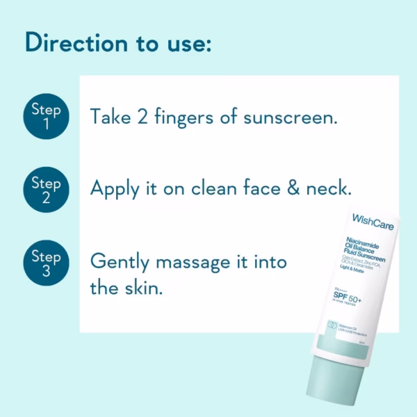 WishCare Niacinamide Oil Balance Fluid Sunscreen SPF 50 PA++++ In-Vivo Tested | 8Hrs+ SPF Protection | Lightweight, Matte & No White Cast | Photostable Sunscreen SPF50 For Oily Skin, Sensitive, Dry & Combination Skin | For Women & Men | 50 ml