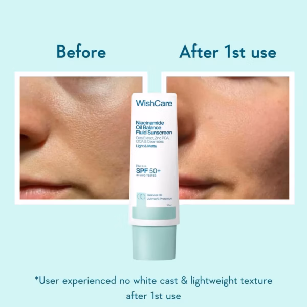 WishCare Niacinamide Oil Balance Fluid Sunscreen SPF 50 PA++++ In-Vivo Tested | 8Hrs+ SPF Protection | Lightweight, Matte & No White Cast | Photostable Sunscreen SPF50 For Oily Skin, Sensitive, Dry & Combination Skin | For Women & Men | 50 ml