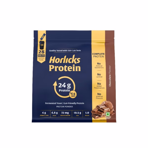 51Ua176+FiL._SL1000_ Horlicks Protein Powder 1 Kg Pack| 24g Protein | 4g Fibre|Chocolate Flavour |28 Daily Use Sachets | Fermented Yeast Isolate | Gut-Friendly Protein | Complete | For Men & Women