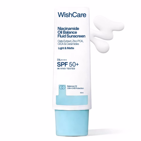 WishCare Niacinamide Oil Balance Fluid Sunscreen SPF 50 PA++++ In-Vivo Tested | 8Hrs+ SPF Protection | Lightweight, Matte & No White Cast | Photostable Sunscreen SPF50 For Oily Skin, Sensitive, Dry & Combination Skin | For Women & Men | 50 ml
