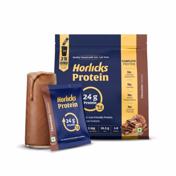 Horlicks Protein Powder 1 Kg Pack| 24g Protein | 4g Fibre|Chocolate Flavour |28 Daily Use Sachets | Fermented Yeast Isolate | Gut-Friendly Protein | Complete | For Men & Women
