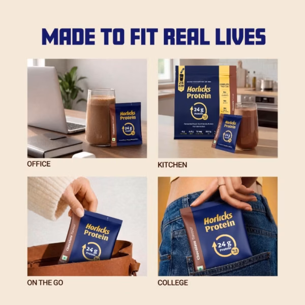 610u5U0tRmL._SL1000_ Horlicks Protein Powder 1 Kg Pack| 24g Protein | 4g Fibre|Chocolate Flavour |28 Daily Use Sachets | Fermented Yeast Isolate | Gut-Friendly Protein | Complete | For Men & Women