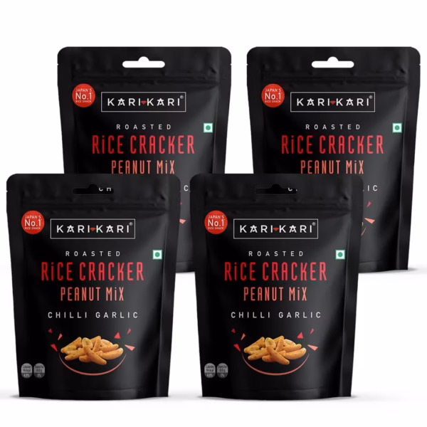 Kari Kari Chilli Garlic Rice Cracker & Peanut Mix | Crunchy Japanese Snacks | Roasted, Non-Fried Healthy | 100% Vegetarian | Party (56g x Pack of 4)