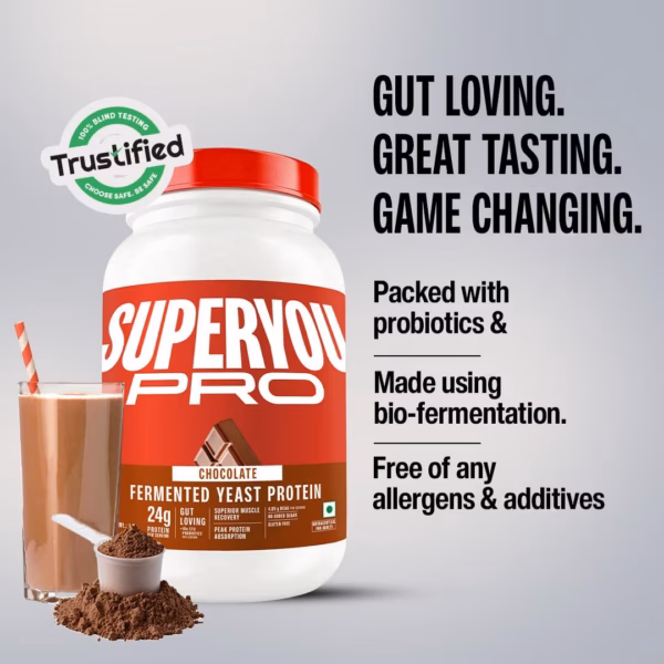 61IcjF7iklL._SL1080_ Superyou Pro Fermented Yeast Protein Isolate Chocolate 1kg | 24g Protein/Serve | Vegan, No Bloat, Heat-Stable | Easy to Digest | Gut Friendly | PDCAAS of 1