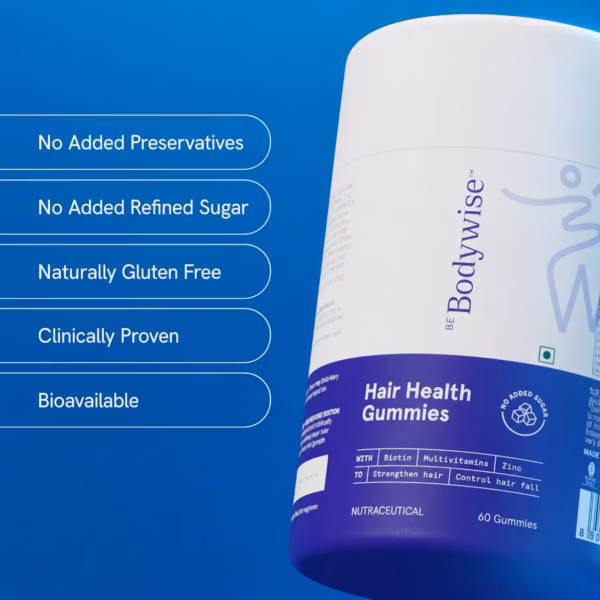 Be Bodywise Biotin Hair Gummies | 60 Days Pack | With Biotin, Zinc, Folic Acid, Fibre & Multivitamin | Strawberry Flavour | No Added Refined Sugar & Gut Friendly