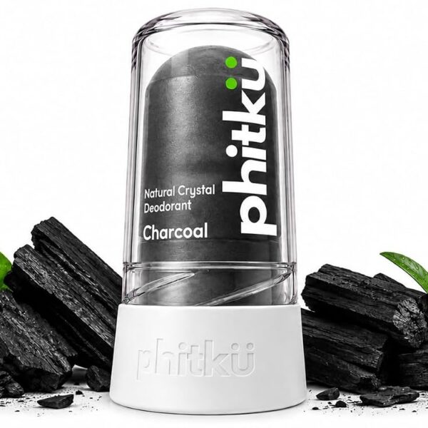 Phitku Crystal Roll On with Charcoal Extract | Natural Alum | Brightens Dark Underarms, Controls Body Odour | Fragrance-Free & Alcohol Free | Men & Women | 100g