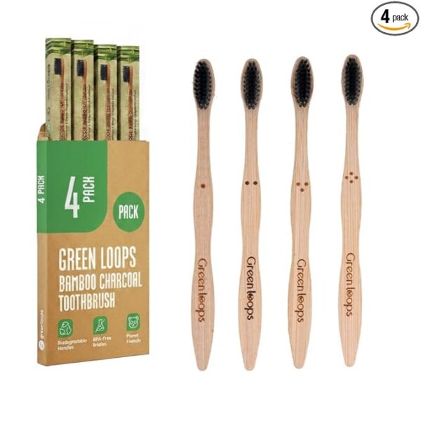 Green Loops Bamboo Toothbrush Pack of 4, Charcoal Infused Soft PLA Bristles