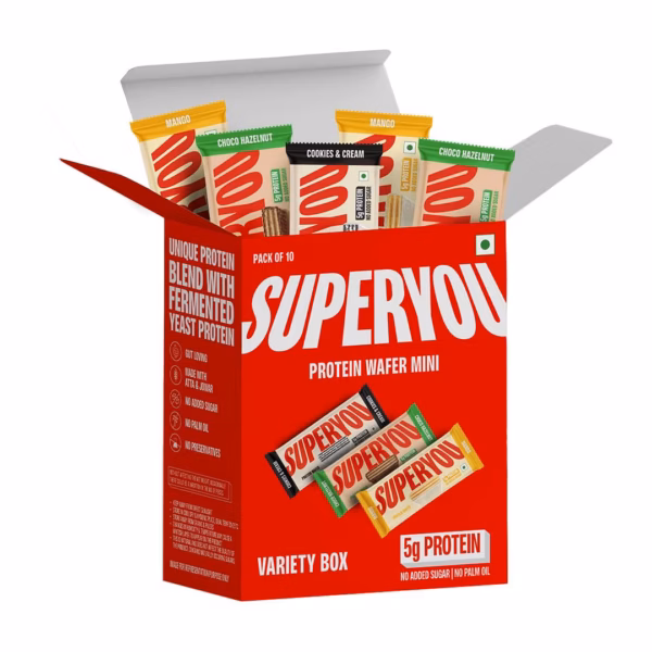 Superyou Assorted Protein Wafer Mini Bars (Pack Of 10)| 5g Protein | Made with Atta & Jowar | No Added Sugar | Yeast Fermented | Energy Bars | 100% Vegetarian |No Palm Oil | 200g