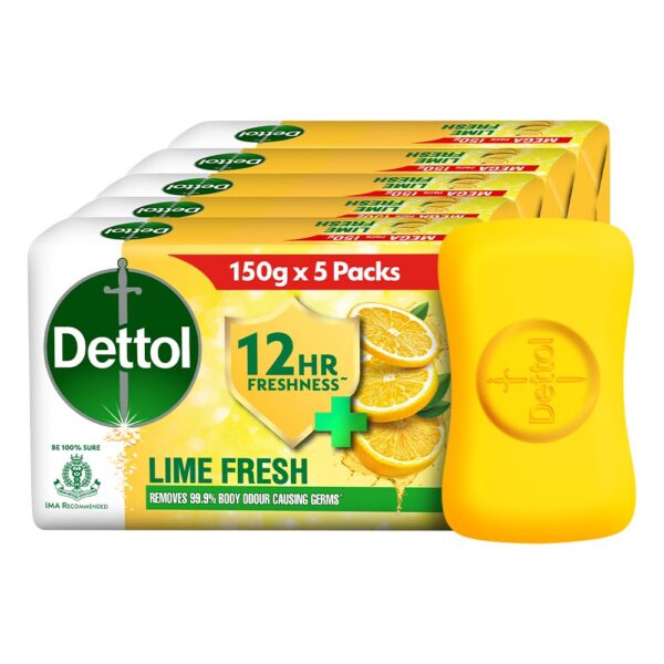 Dettol Lime Fresh (Lime Cool) Bathing Soap Bar with 12hr Freshness (750gm) |Long Lasting Freshness, 150gm Pack of 5