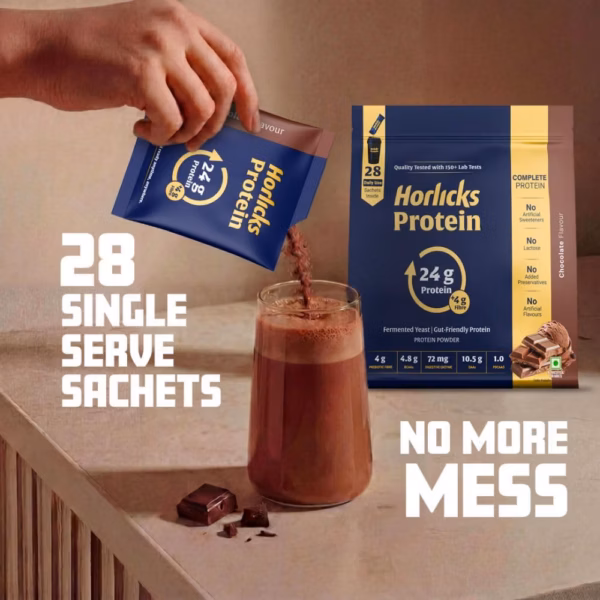 61oraI++XZL._SL1000_ Horlicks Protein Powder 1 Kg Pack| 24g Protein | 4g Fibre|Chocolate Flavour |28 Daily Use Sachets | Fermented Yeast Isolate | Gut-Friendly Protein | Complete | For Men & Women