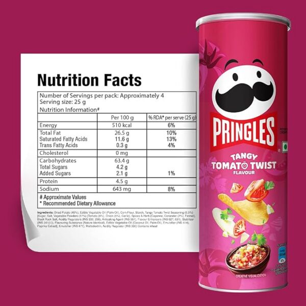 61pBCVG8McL._SX679_ Pringles Tangy Tomato Twist 102 Gram | Potato Chips | Tangy Tomato With A Twist Of Sweet & Spicy Salsa Flavour | Crispy Snack | Crunchy Snack Food For Movies, Games & More | On-The-Go Can - Tomato