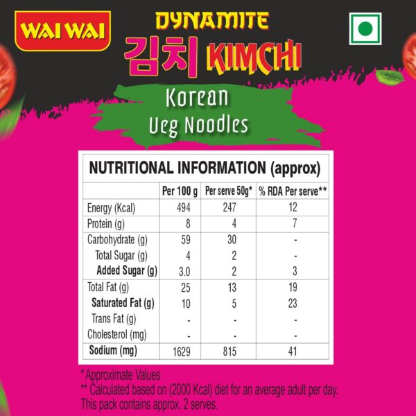 Wai Wai Dynamite Kimchi Korean Veg Instant Noodles, Spicy Korean Flavour, Pack of 4, 400 grams