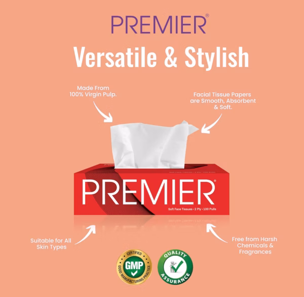 Premier 2-Ply Box Face Tissue Papers – 100 Pulls per Box (Pack of 4, 400 Pulls, 800 Sheets) –Ultra Soft, Gentle & Highly Absorbent Facial Tissues for Home, Office, Car & Travel | Red