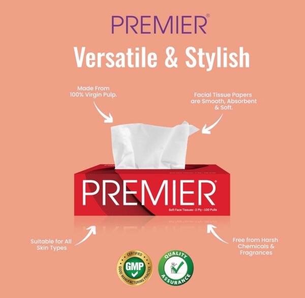 Premier Box Face Tissue Papers – 2-Ply, Ultra-Soft & Highly Absorbent Facial Tissues | 100 Pulls Per Box (Pack of 6) | Gentle on Skin, Ideal for Home, Office & Car Use