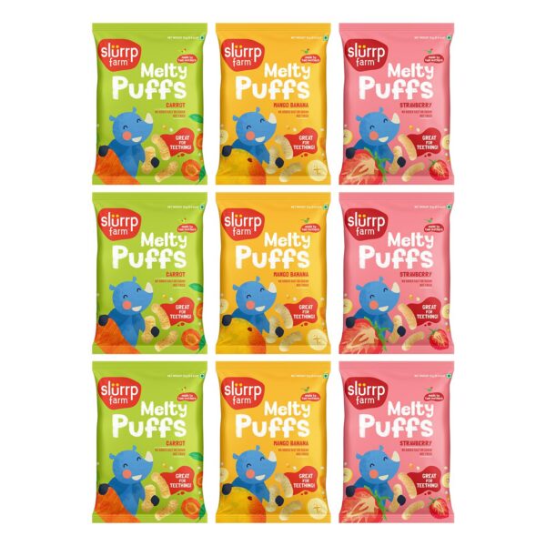 Slurrp Farm No Salt No Sugar Teething Puffs | Baked Fruit and Vegetable Millet Puffs | Carrot, Strawberry & Banana, Mango | Pack of 9