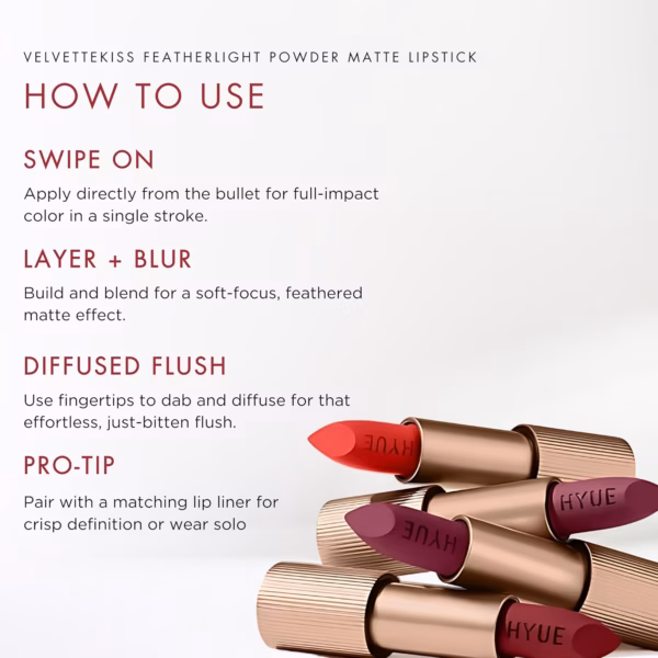 71PU36J4fnL._SL1500_ HYUE Velvette Kiss Gift Set - In Crimson | 12.6 gm | Feather Light & Powder Matte Finish | Long-Wear Intense Color | With Jojoba, Almond & Gooseberry Extracts | Smudge-Proof & Travel-Friendly