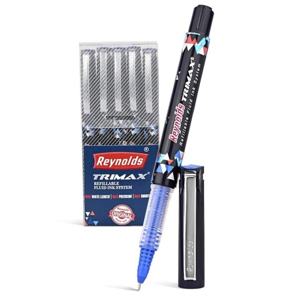Reynolds TRIMAX RollerBall Pen SET - 5 PENS BLUE | ROLLER BALL PEN FOR WRITING | PEN FOR STUDENTS & OFFICE STATIONERY | 0.5 mm TIP SIZE