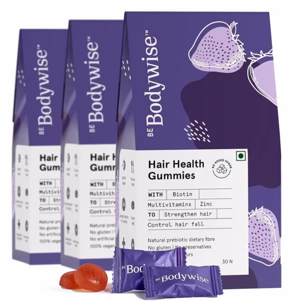 71f8Mw3W8VL._SL1500_ Be Bodywise Biotin Hair Gummies For Stronger, Shinier Hair & Nails | 90 Day Pack | High Potency Biotin, Zinc, Folic Acid, Fibre & Multivitamin | Strawberry Flavour | No Added Sugar, Gut Friendly
