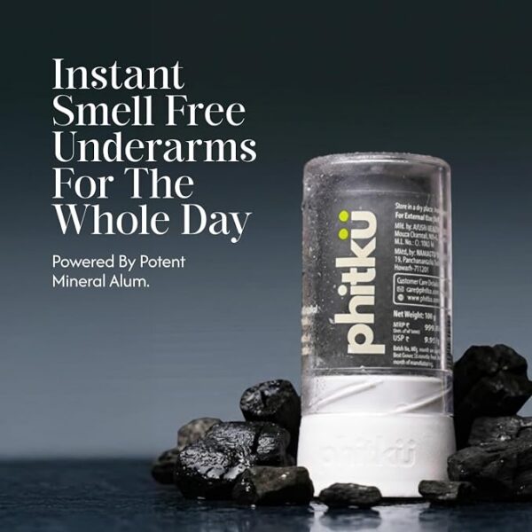 Phitku Crystal Roll On with Charcoal Extract | Natural Alum | Brightens Dark Underarms, Controls Body Odour | Fragrance-Free & Alcohol Free | Men & Women | 100g
