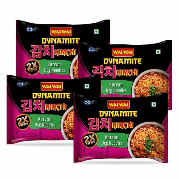 Wai Wai Dynamite Kimchi Korean Veg Instant Noodles, Spicy Korean Flavour, Pack of 4, 400 grams