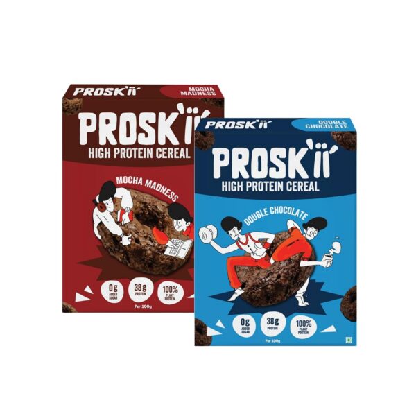 PROSKII Mocha Madness & Double Chocolate | 38g Plant Protein Breakfast Cereal | Zero Added Sugar, Gluten Free, No Preservatives, Combo