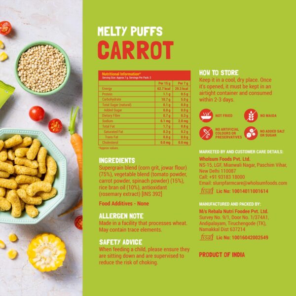 Slurrp Farm No Salt No Sugar Teething Puffs | Baked Fruit and Vegetable Millet Puffs | Carrot, Strawberry & Banana, Mango | Pack of 9