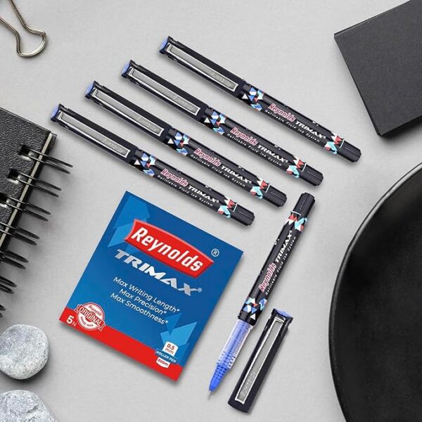 71wVsqFhAuL._SX679_ Reynolds TRIMAX RollerBall Pen SET - 5 PENS BLUE | ROLLER BALL PEN FOR WRITING | PEN FOR STUDENTS & OFFICE STATIONERY | 0.5 mm TIP SIZE
