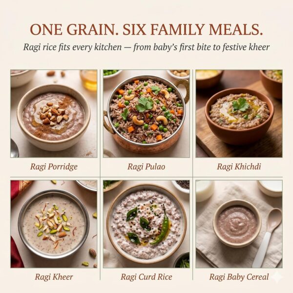Krafted Millets Pre-Soaked & Steamed Ragi Rice (Nachni / Finger Millet) – 34x Calcium, 28x Fibre, 5x Iron vs White Rice | Gluten-Free, Low GI | Bone Health for Kids, Family & Elders | Cooks Like Rice in 15 Min (Pack of 8 × 380g)