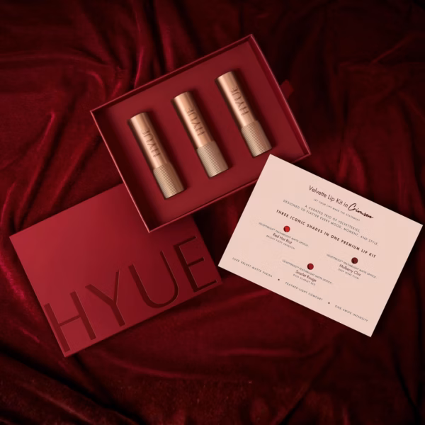 81OnEpB7ANL._SL1500_ HYUE Velvette Kiss Gift Set - In Crimson | 12.6 gm | Feather Light & Powder Matte Finish | Long-Wear Intense Color | With Jojoba, Almond & Gooseberry Extracts | Smudge-Proof & Travel-Friendly