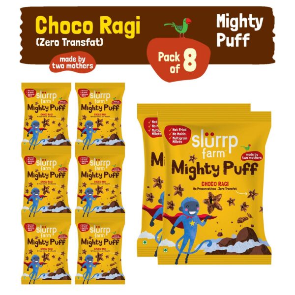 Slurrp Farm Healthy Snacks for Kids | Mighty Puff Choco Ragi | Not Fried, No Maida | Ragi Snack for School Tiffin and Travel-Friendly | 8 X 20g Each (Pack of 3)