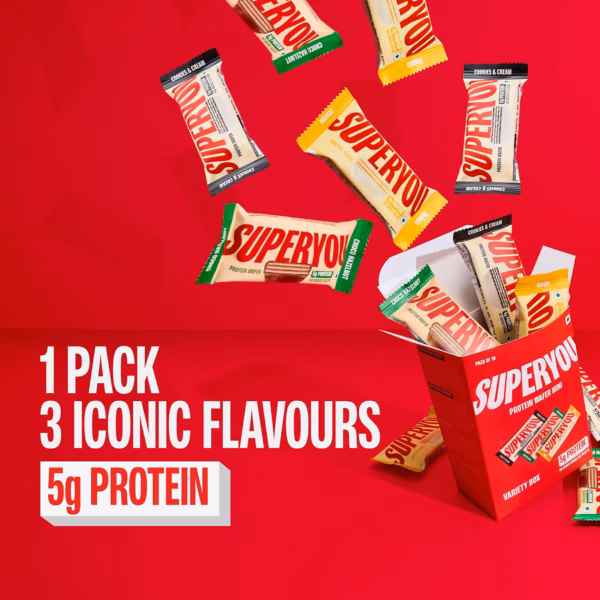 81d95q3W00L._SL1500_ Superyou Assorted Protein Wafer Mini Bars (Pack Of 10)| 5g Protein | Made with Atta & Jowar | No Added Sugar | Yeast Fermented | Energy Bars | 100% Vegetarian |No Palm Oil | 200g