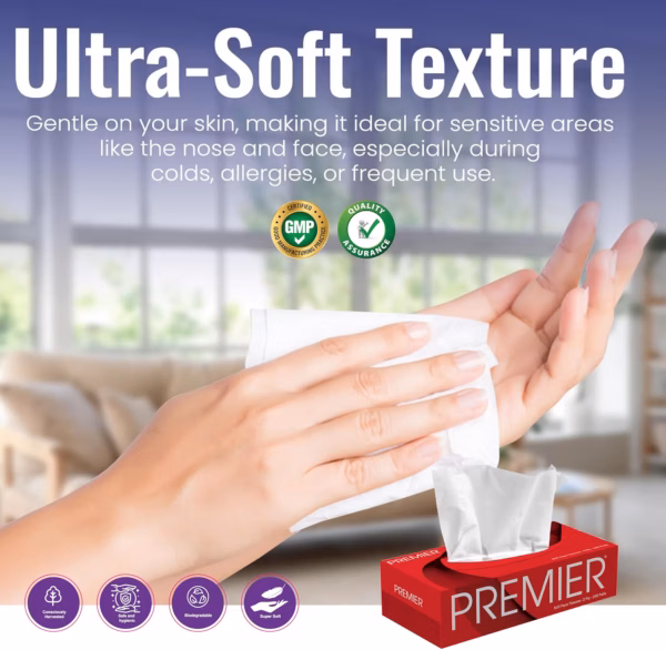 Premier 2-Ply Box Face Tissue Papers – 100 Pulls per Box (Pack of 4, 400 Pulls, 800 Sheets) –Ultra Soft, Gentle & Highly Absorbent Facial Tissues for Home, Office, Car & Travel | Red
