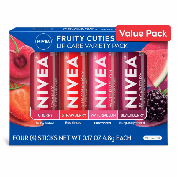 Nivea Lip Care Fruit Variety Pack - Tinted Lip Balm For Beautiful, Soft Lips - Pack Of 4, Multicolor