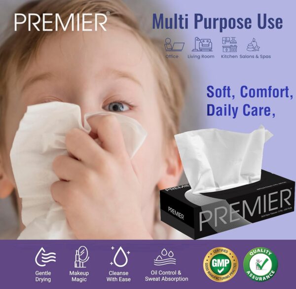 Premier Box Face Tissue Papers – 2-Ply, Ultra-Soft & Highly Absorbent Facial Tissues | 100 Pulls Per Box (Pack of 6) | Gentle on Skin, Ideal for Home, Office & Car Use