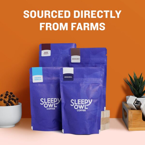 61AOGa9hI0L._SL1080_ Sleepy Owl Ground Coffee Bag For French Press Sampler Pack | 50G X 4 Flavours - Dark Roast, Original Medium Roast, French Vanilla & Hazelnut | Coarse Grind | Directly Sourced From Chikmagalur