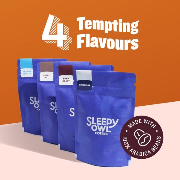 61R8d9aVBnL._SL1080_ Sleepy Owl Ground Coffee Bag For French Press Sampler Pack | 50G X 4 Flavours - Dark Roast, Original Medium Roast, French Vanilla & Hazelnut | Coarse Grind | Directly Sourced From Chikmagalur