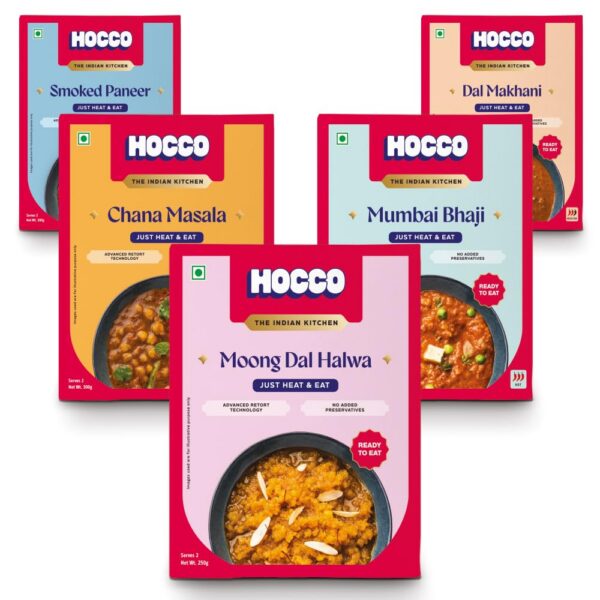 HOCCO Combo Pack of 5 (Chana Masala (300g), Mumbai Bhaji (300g), Dal Makhani (300 g), Smoked Paneer (300 g), & Moong Dal Halwa (250 g) | Just Heat & Eat | No Added Preservative & Colours | Meal Ready in 5 Mins | Serves 2
