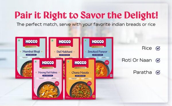 HOCCO Combo Pack of 5 (Chana Masala (300g), Mumbai Bhaji (300g), Dal Makhani (300 g), Smoked Paneer (300 g), & Moong Dal Halwa (250 g) | Just Heat & Eat | No Added Preservative & Colours | Meal Ready in 5 Mins | Serves 2