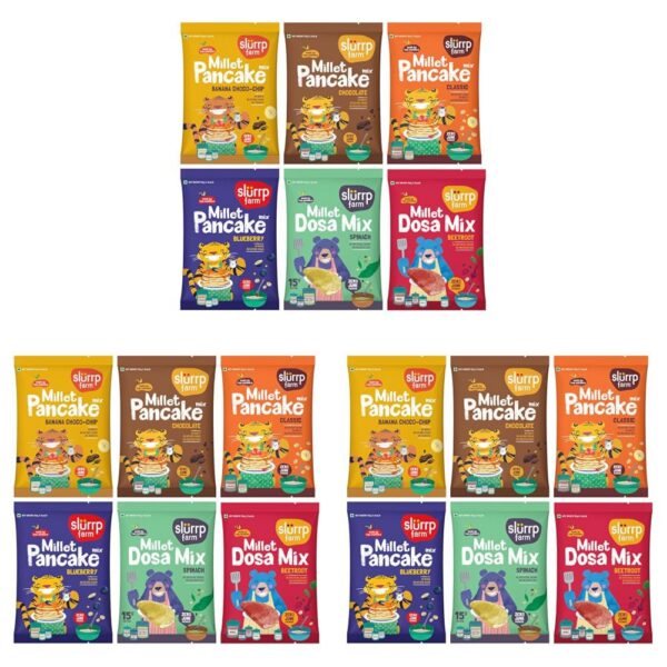 Slurrp Farm Healthy Breakfast and Snacks Trial Pack Combo, Millet Pancake and Dosa Mix, 300g (Pack of 18, 50g each)