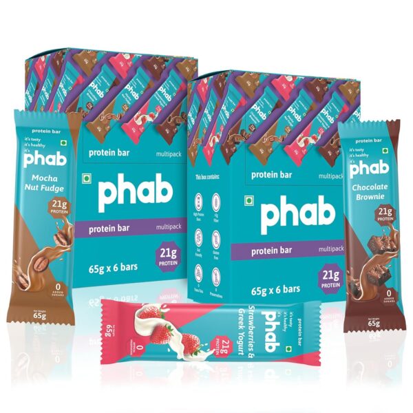 Phab Assorted Protein Bar with 21g Protein, 8g High Fibre & 0 Added Sugar 100% Vegetarian | Healthy & Tasty Protein bars | Trans Fat-Free & No Preservatives Protein bars (Pack of 12 x 65g)